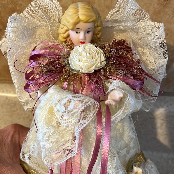 Table top Angel, lace body@ wings,crocheted hem, flower@ pink bow. - Picture 2 of 4